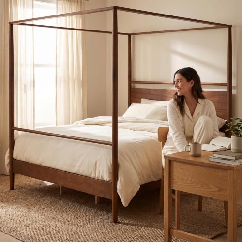 Walnut Solid Wood Canopy Bed Frame Queen Size with Four-Posters Headboard, view 6