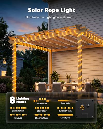 Solar Rope Lights, 39FT 100LED Outdoor Solar String Lights, IP65 Waterproof Solar Powered Fairy Lights with 8 Lighting Modes for Party Garden Patio Pool Backyard Tree Decoration, Warm White