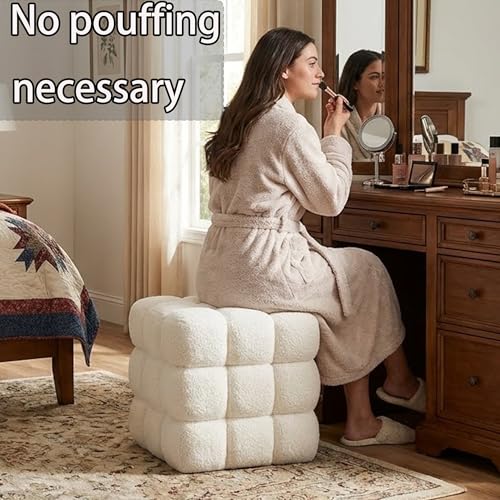 White Sherpa Square Ottoman - 17.3" Large Boucle Cube Pouf with Sturdy Wood Frame, 330lbs Capacity Modern Fuzzy Vanity Stool & Footrest for Living Room, Bedroom - Fully Assembled