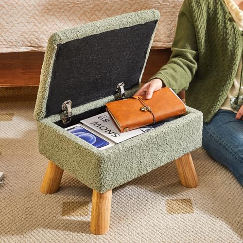 Storage Ottoman,Small Foot Stool, 15.75"×11.81"×11.02" Green,HBD042GR | Teddy Velvet,Sturdy Wood Legs,Footstool with Padded Seat, For Living Room Bedroom Couch Entryway