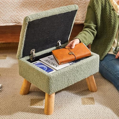 Storage Ottoman,Small Foot Stool, 15.75"×11.81"×11.02" Green,HBD042GR | Teddy Velvet,Sturdy Wood Legs,Footstool with Padded Seat, For Living Room Bedroom Couch Entryway