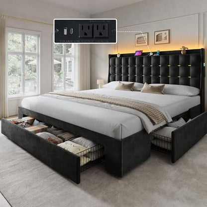 King Size Bed Frame with 3 Storage Drawers and RGB LED Lights, view 2
