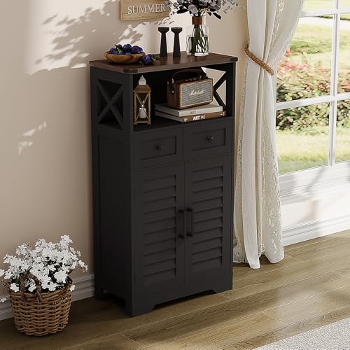 Farmhouse Storage Cabinet, Bathroom Floor Cabinet with Doors and Drawers, Kitchen Pantry Cabinet for Living Room, Laundry, Black