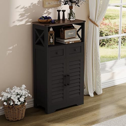 Farmhouse Storage Cabinet, Bathroom Floor Cabinet with Doors and Drawers, Kitchen Pantry Cabinet for Living Room, Laundry, Black