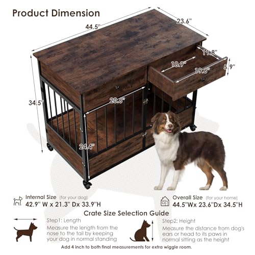 44.5" Dog Crate Furniture, Wooden Dog Kennel with Storage Drawers, view 4