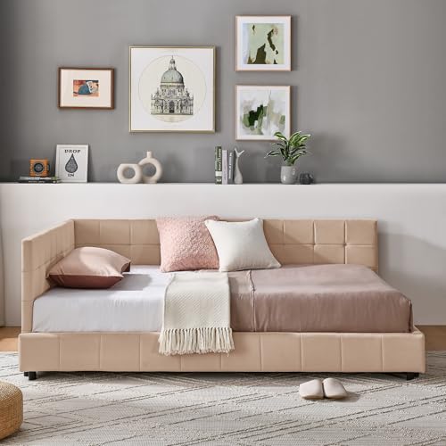 GDFStudio Full Size Upholstered Tufted Sofa Bed Frame, Velvet Daybed with Armrests & Backrest,Mid-Century Platform Bed for Living Room,No Box Spring Required,Mattress not Included,Pink