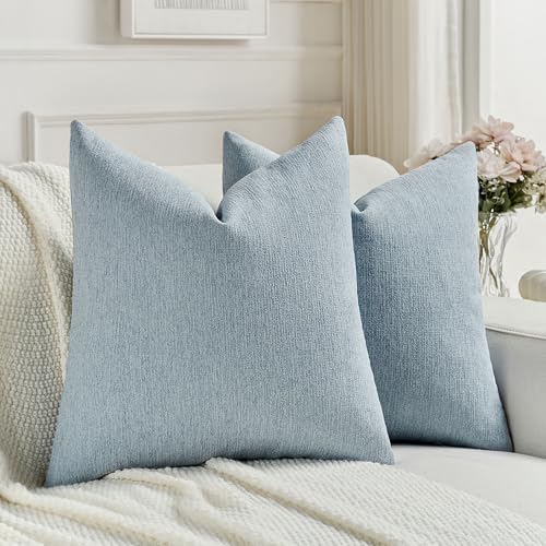 Pack of 2 Chenille Decorative Throw Pillow Covers 18x18 Inch,Soft Cozy Faux Linen Textured Cushion Case,Farmhouse Home Decor for Couch Living Room,Denim Blue