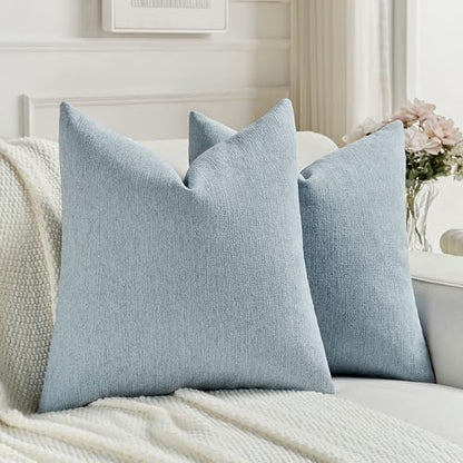 Pack of 2 Chenille Decorative Throw Pillow Covers 18x18 Inch,Soft Cozy Faux Linen Textured Cushion Case,Farmhouse Home Decor for Couch Living Room,Denim Blue
