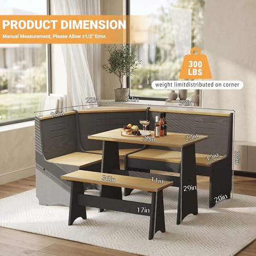 3-5 People Breakfast Nook Set, L-Shaped Corner Dining Table with Bench, Hidden Storage Space Saving Convertible for Family Home Black Wood