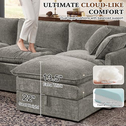 103" Modular Sectional Sofa with Storage, L Shaped Cloud Couch with Movable Ottomans & Throw Pillows, Chenille Deep Seat Sectional Couches for Living Room, Apartment (Grey)