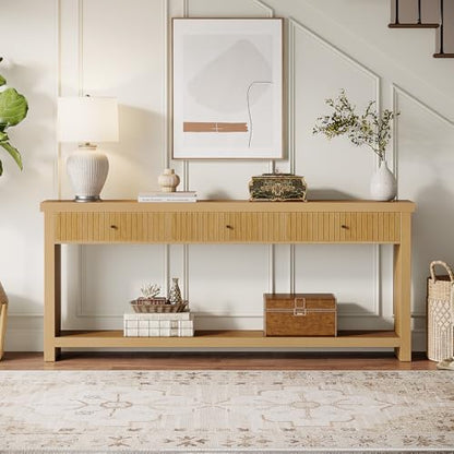 Tribesigns 70.9 inch Extra Long Entryway Table with 3 Drawers, Sofa Console Table with Open Storage Shelves, Oak Color Furniture, Wooden Couch Foyer Tables for Living Room Hallway Entrance