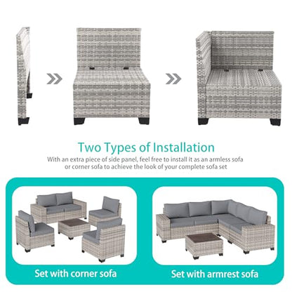 Outdoor Patio Furniture Set PE Wicker Rattan Outdoor Sectional Sofa | Patio Conversation Set with Chunky Arms Thickened Cushions & Glass Coffee Table for Garden, Backyard, Poolside, Grey