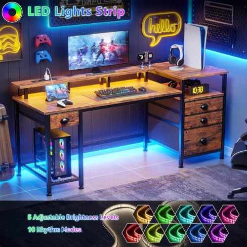 60" Computer Desk with 4 Drawers, Power Outlet, LED, Rustic Brown, view 6