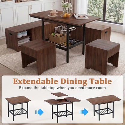Extendable 6-Piece Breakfast Nook Set with Storage Benches & Stools, Corner Dining Table Set with Wine Glass Holder, Space-Saving Kitchen Table for Indoor/Outdoor Use (Walnut)