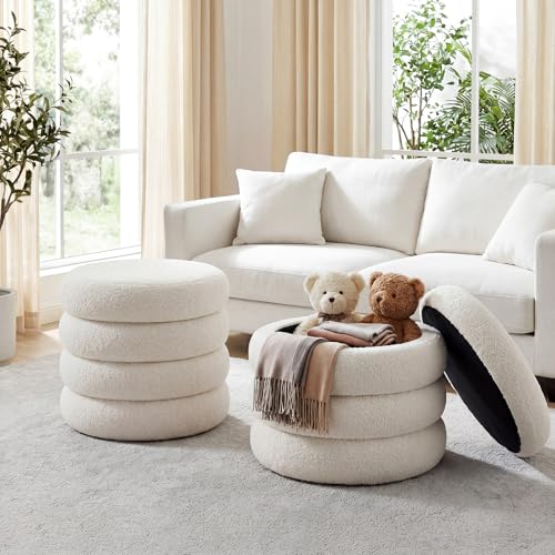 19.5" Storage Ottoman Round, Vanity Stool for Bedroom, Entryway Ottoman for Console Table, Foot Stool for Living Room, Bedroom, Sherpa Off-White