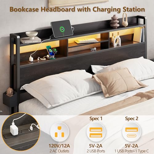 King Size Bed Frame with 2 Drawers and Storage Headboard Black, Charging Station, view 4