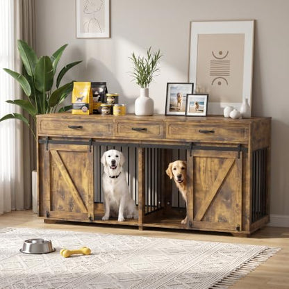 71" Double Dog Crate Furniture with 3 Drawers, view 3