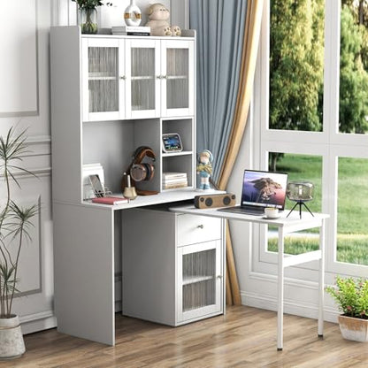 L Shaped Home Office Desks with 90° Rotating Retractable Desktop, Glass Door, view 4