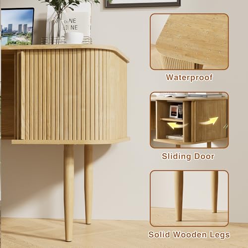 55" Modern Writing Desk with Sliding Doors, Wood Home Office Desk with Storage, Computer Desk for Study, Living Room, Dorm, Natural