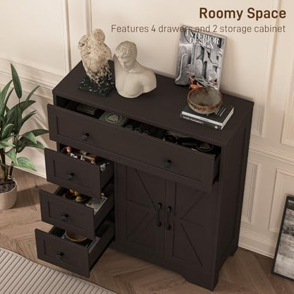 Farmhouse Storage Cabinet with 2 Doors and 4 Drawers, Freestanding Bathroom Storage Cabinet Kitchen Pantry, Floor Cupboard for Living Room/Bathroom/Kitchen,Espresso