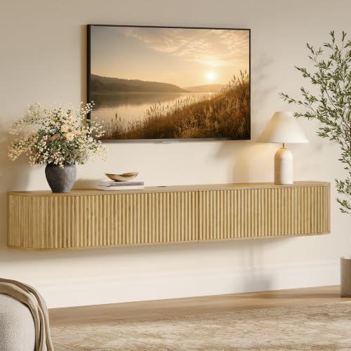 71" Oak Fluted Floating TV Stand for TVs up to 80" for Living Room, view 2
