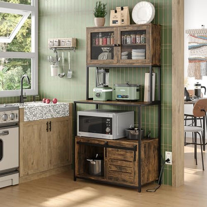 6-Tier Kitchen Bakers Rack with Power Outlet, Industrial Microwave Oven Stand with Shelves, Kitchen Utility Storage Shelf with Cabinet, Standing Storage Rack (Rustic Brown)