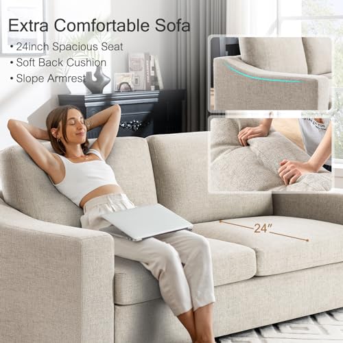 Oversized 85" Deep Seat Sofa, Modern Couches for Living Room, 3 Seater Natural Linen Sofa, Upholstered Cushion & Detachable Cover, Comfy Sofa Couch for Apartment, Oatmeal