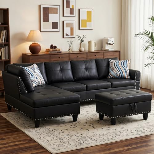 97.5" L Shaped Couch Set, Modular Sectional Couches for Living Room with Storage Ottoman, 4 Seat Home Sofa Living Room Furniture Sets with Chaise for Apartment Office (Leather, Black)