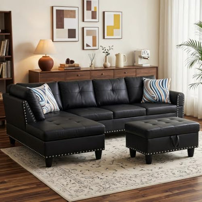 97.5" L Shaped Couch Set, Modular Sectional Couches for Living Room with Storage Ottoman, 4 Seat Home Sofa Living Room Furniture Sets with Chaise for Apartment Office (Leather, Black)
