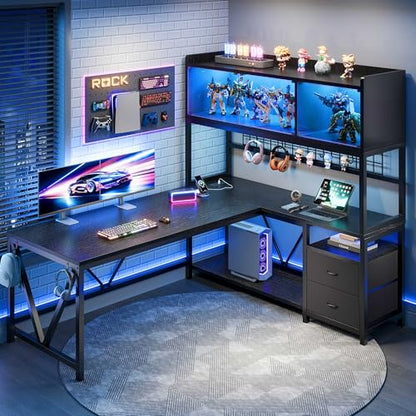 L Shaped Gaming Desk with Fabric Drawers and Power Outlet, Corner Computer Desk with LED-Lit Tempered Glass Display Cabinet, L Shaped Office Desk with Storage,PC Desk for Gaming and Home Office, Black