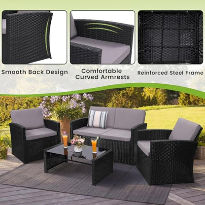 4-Piece Patio Furniture Set, Wicker Outdoor Rattan Sectional Sofa with Cushions and Glass Table, All-Weather Outdoor Conversation Set for Garden, Porch, Backyard, Patio, Black and Grey