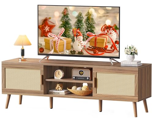 Boho TV Stand for 65 Inch TV, Entertainment Center with Adjustable Shelf, Rattan TV Console with 2 Cabinets, Media Console, Solid Wood Feet, 4 Cord Holes, for Living Room, Walnut