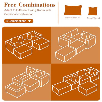 110 Corduroy Modular Sectional Boneless Sofa with 2 Ottomans, Convertible Cloud Couch with Deep Seats, Fluffy Memory Foam U Shaped Couch for Living Room, No Assembly Required (Black)