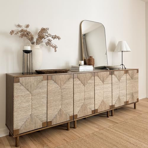 Nathan James Beacon Boho Accent Cabinet with Doors, Free Standing Kitchen Cabinet Storage with Adjustable Interior Shelf and Seagrass Accent, Dark Brown