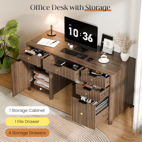58" Fluted Home Office Desks with Storage, Power Outlet, Walnut, view 4