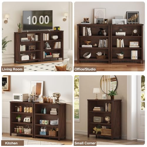 Small 3 Tier Bookshelf, Short Wood Bookcase, Brown Cherry, 36", view 6
