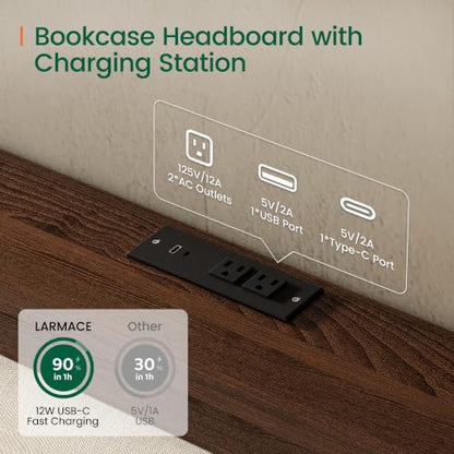 Queen Wood Bed Frame with Upholstered Charging Station Headboard, view 6