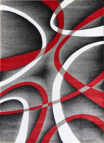 Modern Red Area Rug 4x6 Grey Swirls Carpet Bedroom Living Room Contemporary Dining Accent Sevilla Collection 4816A (Red)