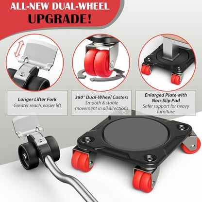 Heavy Duty Furniture Movers with Wheels Dolly with Auxiliary Lifter, All-New Upgraded Carbon Steel Panels & Dual-Wheeled Casters, Supports up to 1650 lbs (L)