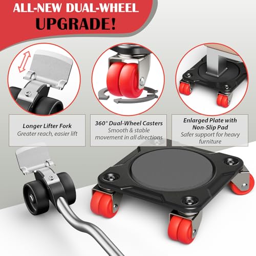 Heavy Duty Furniture Movers with Wheels Dolly with Auxiliary Lifter, All-New Upgraded Carbon Steel Panels & Dual-Wheeled Casters, Supports up to 1650 lbs (L)