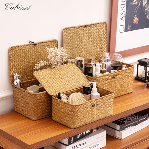 Wicker Storage Basket with Lid,Seagrass Shelf Basket Set of 3,Natural, view 3