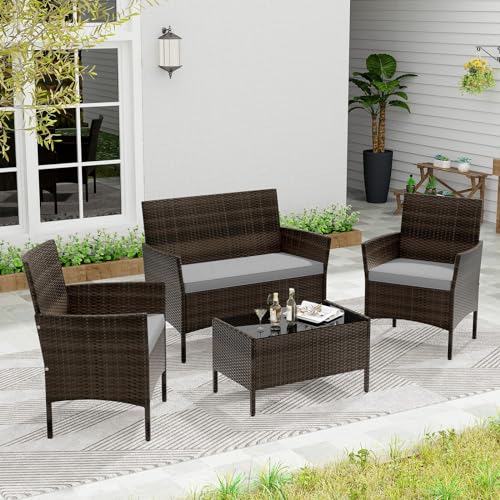 4 Piece Patio Furniture Set, Outdoor Rattan Conversation Set with Loveseat, Wicker Chairs, Tempered Glass Coffee Table, Wicker Patio Set for Backyard, Porch (Grey)