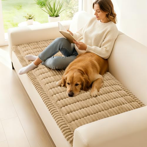 Couch Cover for Dogs Washable, Non Slip Thick Flannel Sofa Protector, Pet Friendly Plush Furniture Cover for Sectional Sofa & Loveseat (Camel, 27.6" x 59")