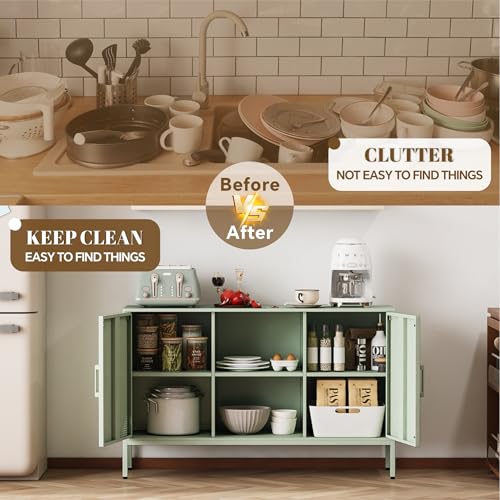 Metal Green TV Stand with Storage,Storage Cabinet Coffee Bar Buffet Cabinet Kitchen Sideboard with Adjustable Shelves for Living Room Bedroom