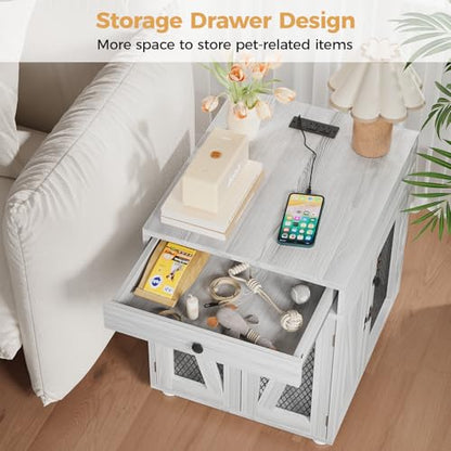 Wooden Dog Crate End Table with USB Charging Station, Gray, view 6