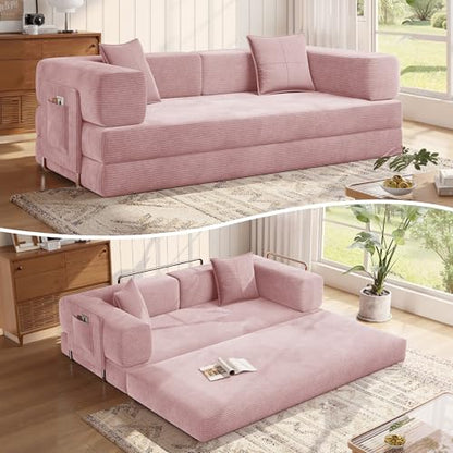 78.8'' Sleeper Couch Bed for Livingroom,Convertible Modular Sofa with Armrest Pillow,Modular Foldable Corduroy Couches in a Box,No Assembly (Pink)
