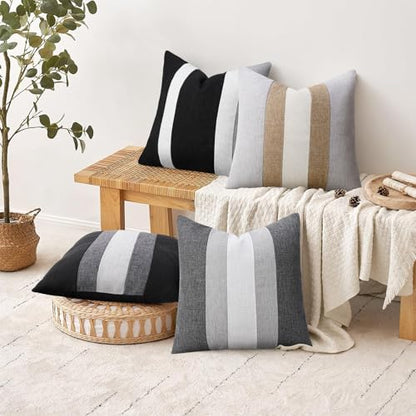 Linen Patchwork Pillow Covers 18x18 Set of 2 Farmhouse Decor