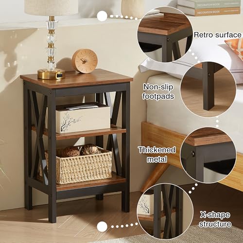 End Side Table Night Stand Set Of 2,X-Design with Storage Shelf for Bedroom,Living Room,Brown