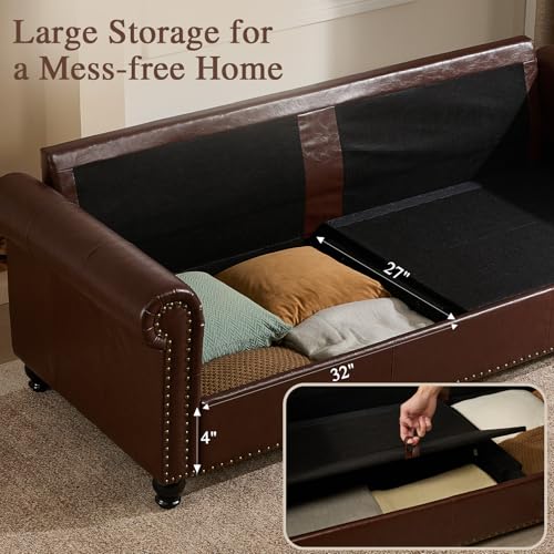 79” Leather Sofa Couch with Storage, Mid Century Modern Rolled Arm Couches for Living Room Furniture, Nailhead Trim, Dark Brown