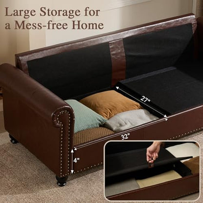 79” Leather Sofa Couch with Storage, Mid Century Modern Rolled Arm Couches for Living Room Furniture, Nailhead Trim, Dark Brown